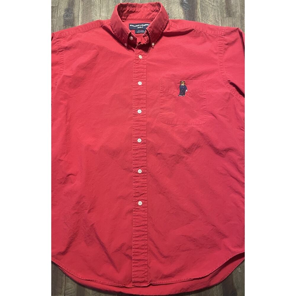 Polo Ralph Lauren Tilden Button Down Shirt Mens Medium Red Polo Bear Golf 90s - Picture 4 of 12